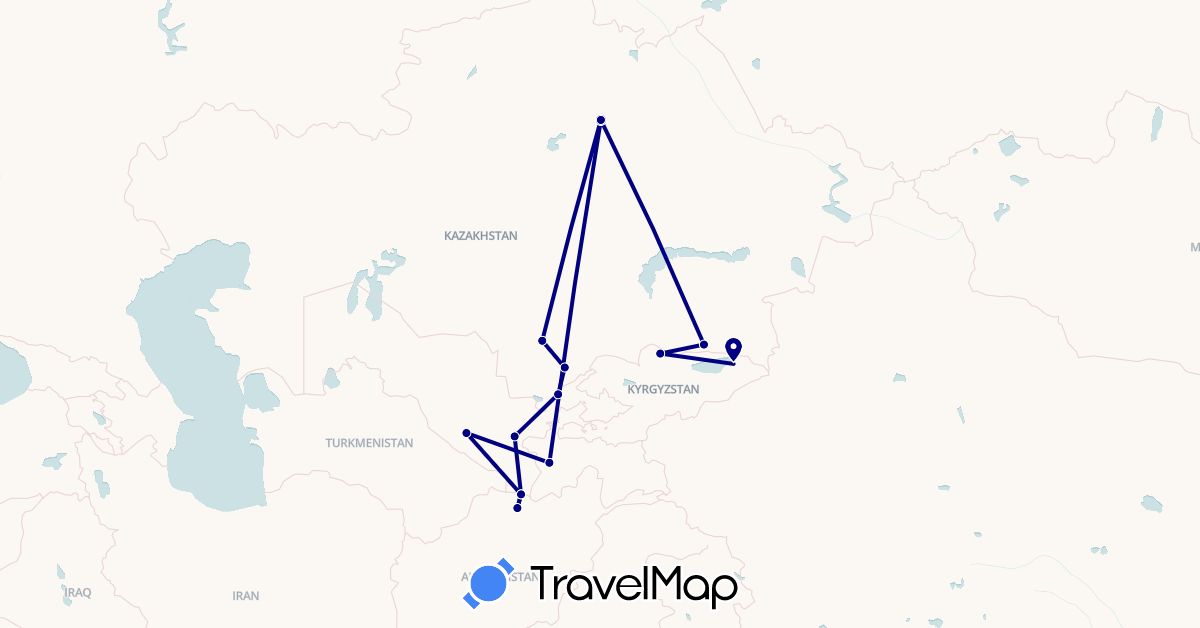 TravelMap itinerary: driving in Afghanistan, Kyrgyzstan, Kazakhstan, Tajikistan, Uzbekistan (Asia)